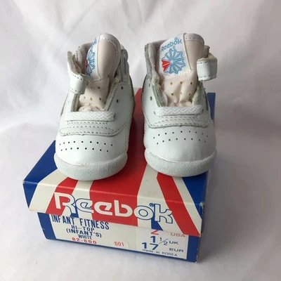 Vintage 1988 Reebok Infant Fitness White Hi-Top Leather Shoes Sneakers Size 2 - Изображение 1 из 4