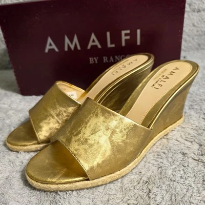 Amalfi by Rangoni Gold Italian Leather Wedge Espadrille Slide Sandal 6.5M NEW - Image 1 of 4