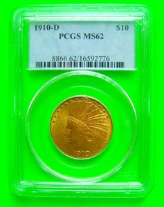 1910-D INDIAN $10 GOLD EAGLE PCGS MS62 Brilliant Gem + FREE SHIPPING - Picture 1 of 5