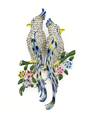 Retro Enamel & Rhinestone Calopsita Cockatiel Birds of Paradise Coro Duette Pin - Image 1 of 4