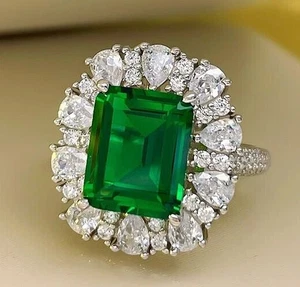 Massiver massiver Ehering 6,5 kt natürlicher Smaragd & Diamant 18 K Weißgold Antrag - Bild 1 von 12