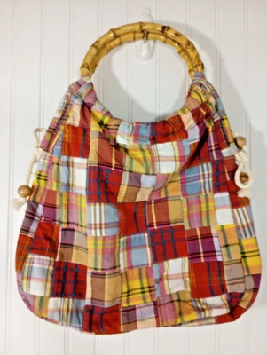 J. Bolso de mano Crew Madras Cabana Patchwork a cuadros mango de bambú anillos cartera 2008 Foto 1 de 4