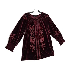 Calessa Women's Tunic Top Size S Blouse Embroidered Velvet Burgundy Floral (53) - Picture 1 of 12
