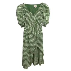 Cinq à Sept Midi Dress Womens Green Plaid Gia Puff Sleeve Faux Wrap Plus Size 14 - Picture 1 of 14