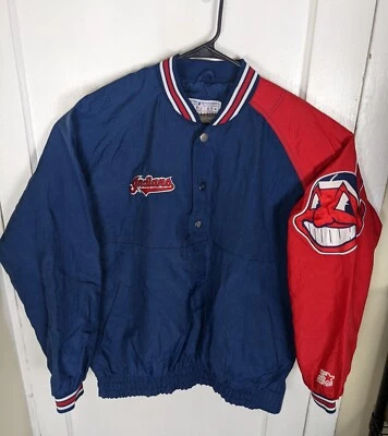 Vintage 90s Starter Colorblock Cleveland Indians Windbreaker Wahoo Sleeve Men L - Image 1 of 4