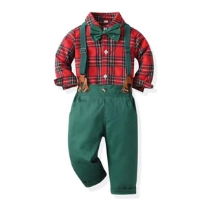 Children Plaid Shirt and Suspenders Boys Bowtie Suit Wedding Outfit Dinner Set - Picture 1 of 4