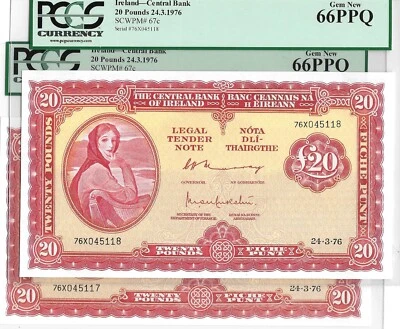Ireland Republic 2 Consecutives Notes  1976 20 Pounds in incredible PCGS 66 GEM - Image 1 of 4