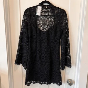 Bebe Women’s Black Dress Crochet Lace Mock Neck Long Sleeve Size 8 NWT - Picture 1 of 3