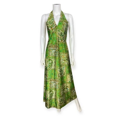 Vestido maxi vintage anos 60 anos 70 feminino cetim verde psicodélico halter estampa de dragão - Imagem 1 de 4