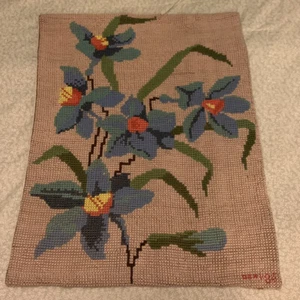 Needle Cross Stitch Banner Blue Flowers made in Dominican Republic - Picture 1 of 8