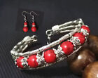 Damen Tibetisches Silber Armband Rot Türkis Perle Armreif Frauenarmband Ohrring