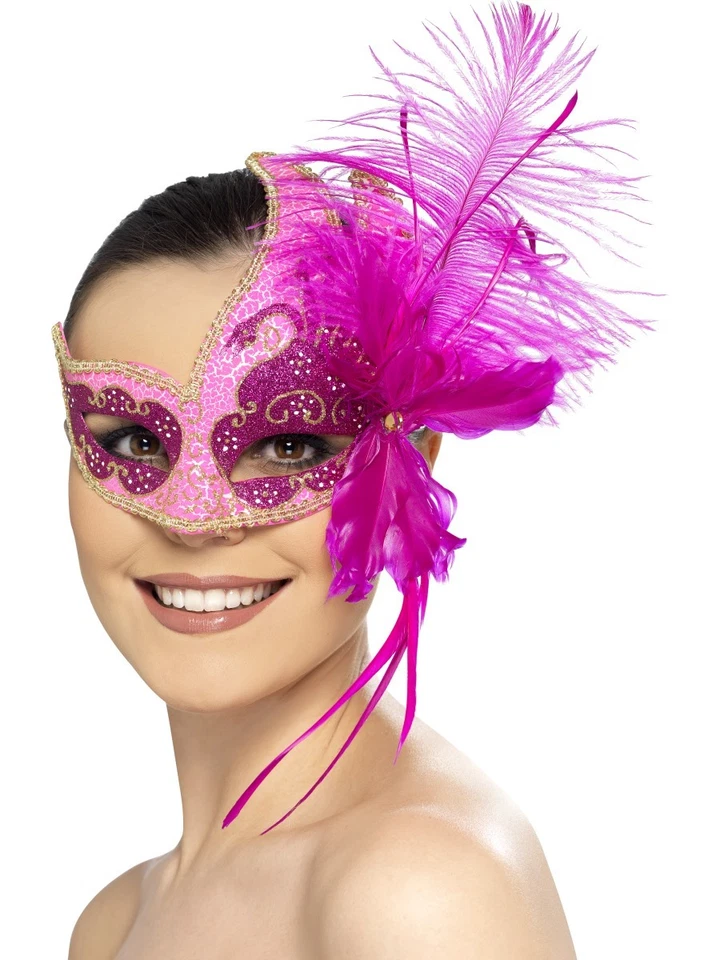 Sexy Halloween Pink Purple Carnival Angel Masquerade Ball Party Mask w Feathers - Image 1 of 1