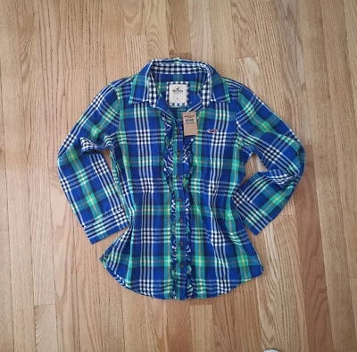 NUEVO CON ETIQUETAS DE COLECCIÓN Y2k Mujeres Hollister Camisa a Cuadros con Volantes Con Botones Blusa Ajustada Top Azul Foto 1 de 3
