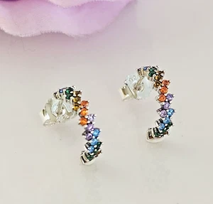 Multi Color Sapphire Round Open Hoop 1/2'' Earrings Gemstone Sterling Silver - Picture 1 of 2