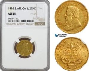 A6/464, South Africa (ZAR) 1/2 Pond 1895, Pretoria Mint, Gold, KM# 9.2, NGC AU55 - Picture 1 of 1
