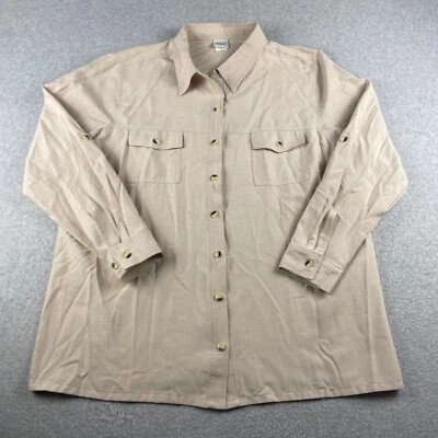 Camisa Haband para mujer grande beige con botones manga larga bolsillos ropa de trabajo top Foto 1 de 4
