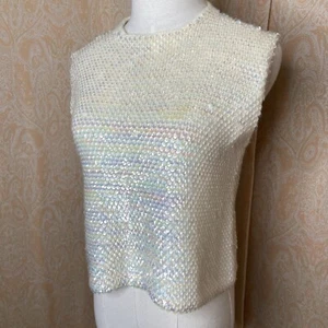 Vintage 60s Knit Iridescent Sequin Sleeveless Sweater Tank Top - Picture 1 of 12