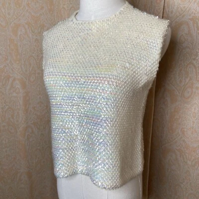 Vintage 60s Knit Iridescent Sequin Sleeveless Sweater Tank Top - Image 1 of 4