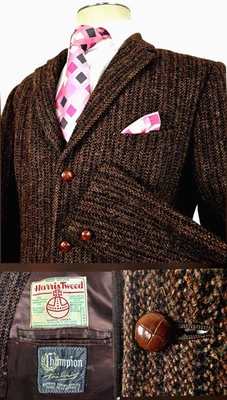 Vtg 60's Harris Tweed x Champion Clothing Wool Sport Coat Brown Striped 40R USA - Image 1 of 4