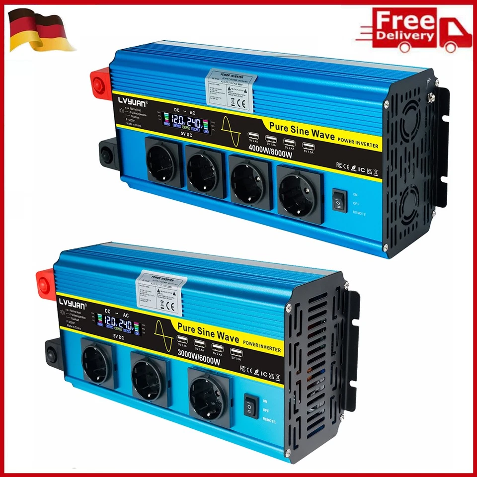LVYUAN Inversor de seno puro 2000W 3000W 4000W 12V 24V a 230V convertidor de tensión