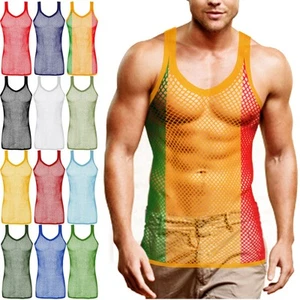 Mens Mesh Net Vests 100% Cotton Breathable String Sleeveless Tank Tops Sports - Picture 1 of 16