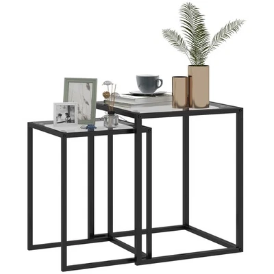 HOMCOM Nesting Tables Set of 2, End Table with Tempered Glass Top, Black - Image 1 of 4