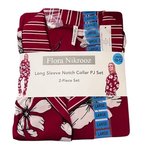 Flora Nikrooz Größe Large 10 12 Pyjama Set Kerbkragen Blumen Streifen Langarm - Bild 1 von 12