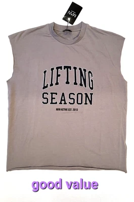 Boohoo Mens Sleeveless Top UK Size S Beige Cotton Printed Loose Fit - Image 1 of 4