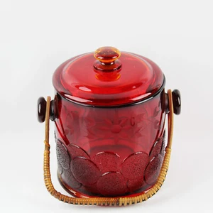 Fenton Amberina Red Etched Art Glass Cookie Jar Ice Bucket w/ Rattan Handle - Picture 1 of 8