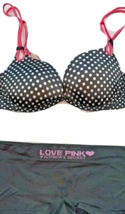 Vtg Victorias Secret Bra Sexy Lil Things Push Up Love Pink Black Dot 32C Bonus - Picture 1 of 9
