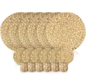 Round Woven Placemats Set Of 6 Mat Coaster Napkin Ring Rattan Water Hyacinth - Picture 1 of 12