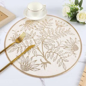 Gold Round Placemats Set of 6 Pressed Vinyl Waterproof Wipable Table Mats for... - Picture 1 of 6