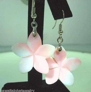 30.5mm 2T Blush Pink Mother of Pearl Hawaiian Plumeria Flower 316L Hook Earrings - Picture 1 of 3