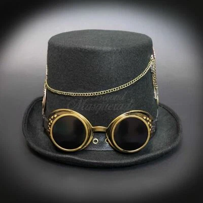 Disfraz Steampunk Sombrero Negro Gafas Doradas Cadenas Doradas Foto 1 de 4