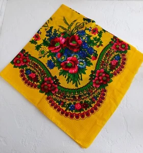 Ukrainian floral scarf Vintage head Scarves Babushka Hustka yellow rose - Picture 1 of 5