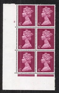 1967. SG736. 6d brt rötlich lila Zylinder 2 (kein Punkt) Block x 6 + Sorte. Neuwertig mit - Bild 1 von 1