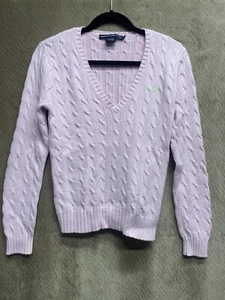 Ralph Lauren Sport Women Light Purple V-Neck Sweater Large Cable Knit Cotton - Picture 1 of 6