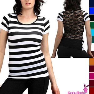 Striped Seamless Floral Lace Back Tee Shirt Slimming Mesh Yoga Rave Club T-Shirt - Picture 1 of 22