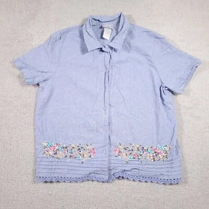 Blair Button Up Shirt Women's Large Blue Floral Embroidered Short Sleeve Linen - Picture 1 of 12