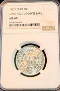 1965 PERU SILVER 20 SOLES LIMA MINT ANNIVERSARY NGC MS 68 FINEST TOP POP - Picture 1 of 5