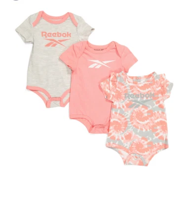 Reebok 3 piezas niñas recién nacidas 0-3 meses Conjunto Body Layette - Rosa Salmón Foto 1 de 2