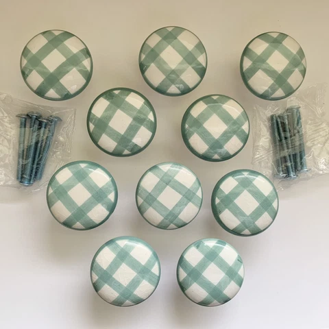10 Porcelain Draw Pulls Knobs Green Gingham Check Screws 1.5” Country Farmhouse Cover