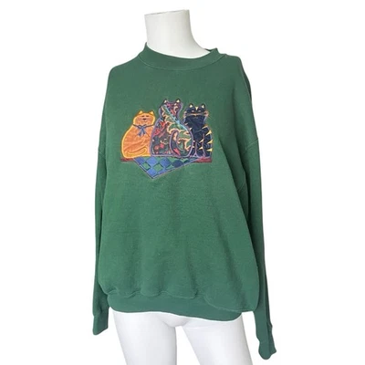 Sudadera Pullover Polar Vintage Oarsman Verde Apliques Gato Talla Mediana M Foto 1 de 4