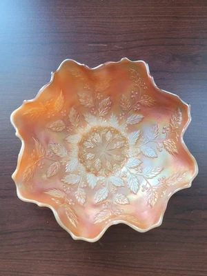 Scarce Marigold on Milk Glass Fenton Carnival Glass Holly Pattern Ruffled Bowl - Image 1 of 4