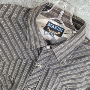 Maxini Western Shirt Mens XL Brown Black Striped Rodeo Silver Black Pearl Snaps - Picture 1 of 13