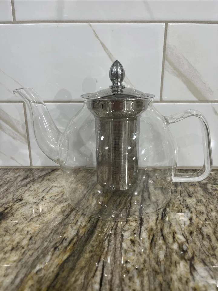 Tetera de vidrio con filtro extraíble de acero inoxidable 6 1/4" H usada en excelente estado Foto 1 de 4
