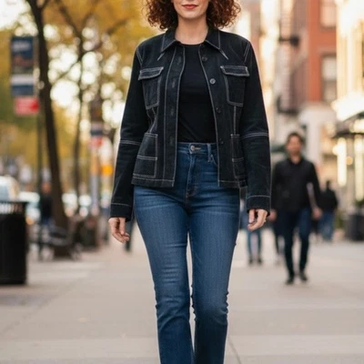 Y2K Black Leather/Suede with White Stitching Jacket by INC - Image 1 of 4