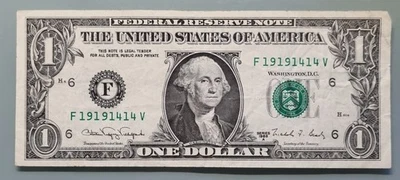 1988 A One Dollar Federal Reserve Note $1 FANCY SERIAL NUMBER F19191414V #96356 - Image 1 of 2