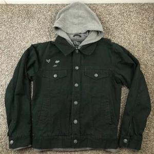 Fox Racing Jacket Denim Deluxe Fleece Lined Hooded Black Mens Small - Picture 1 of 8