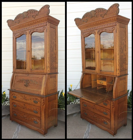 Antique Oak Burlington Square Brand Chittenden & Eastman Bookcase Secretary Desk Cover